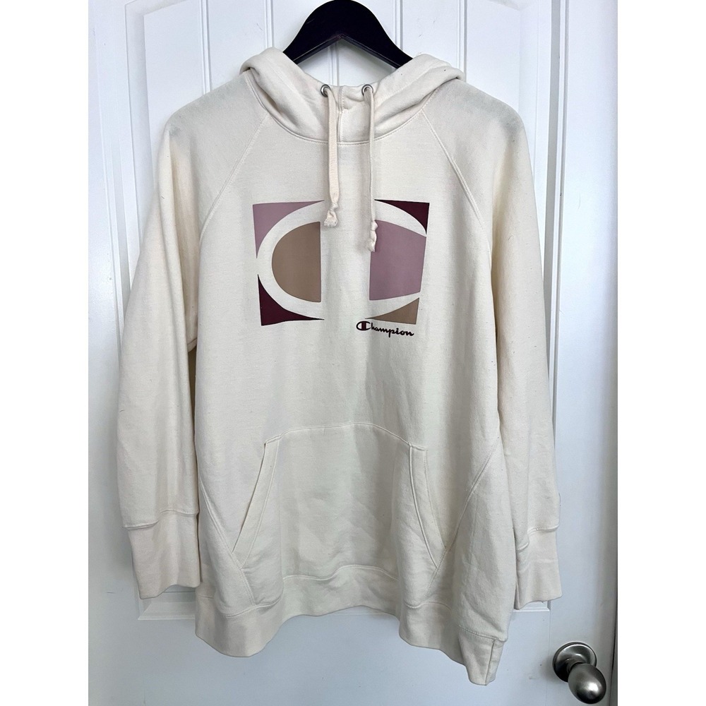 CHAMPION Womens 1X Ivory‎ Pink Tan Graphic Logo Pullover HOODIE Sweatshirt 563